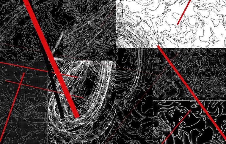 Red and black streaks of varying thickness crossing the plate