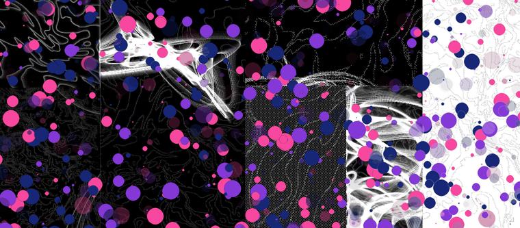 A dense field of pink, purple and navy dots at varied opacity