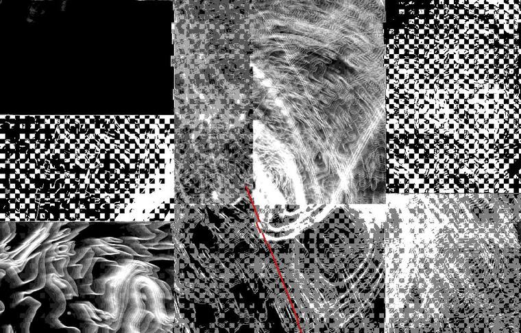 Mid-shake: strokes swollen into fat dots, the image blown into blocks